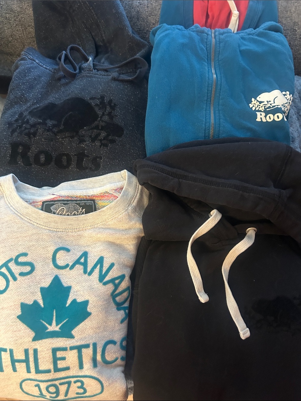 Roots Men's Mixed Hoodie & Sweatshirt Lot - Black, Blue, Gray, Teal